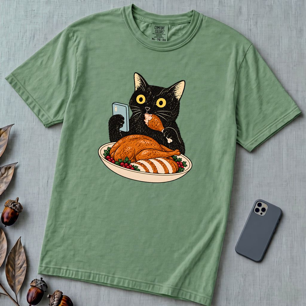 Thanksgiving Turkey Thief Cat T-Shirt - Light Green unfolded t-shirt mockup