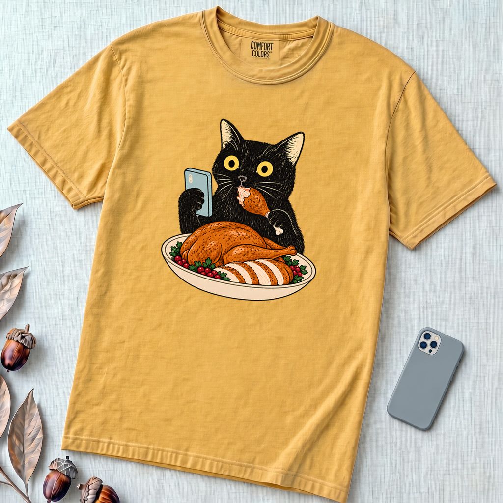 Thanksgiving Turkey Thief Cat T-Shirt - Mustard unfolded t-shirt mockup