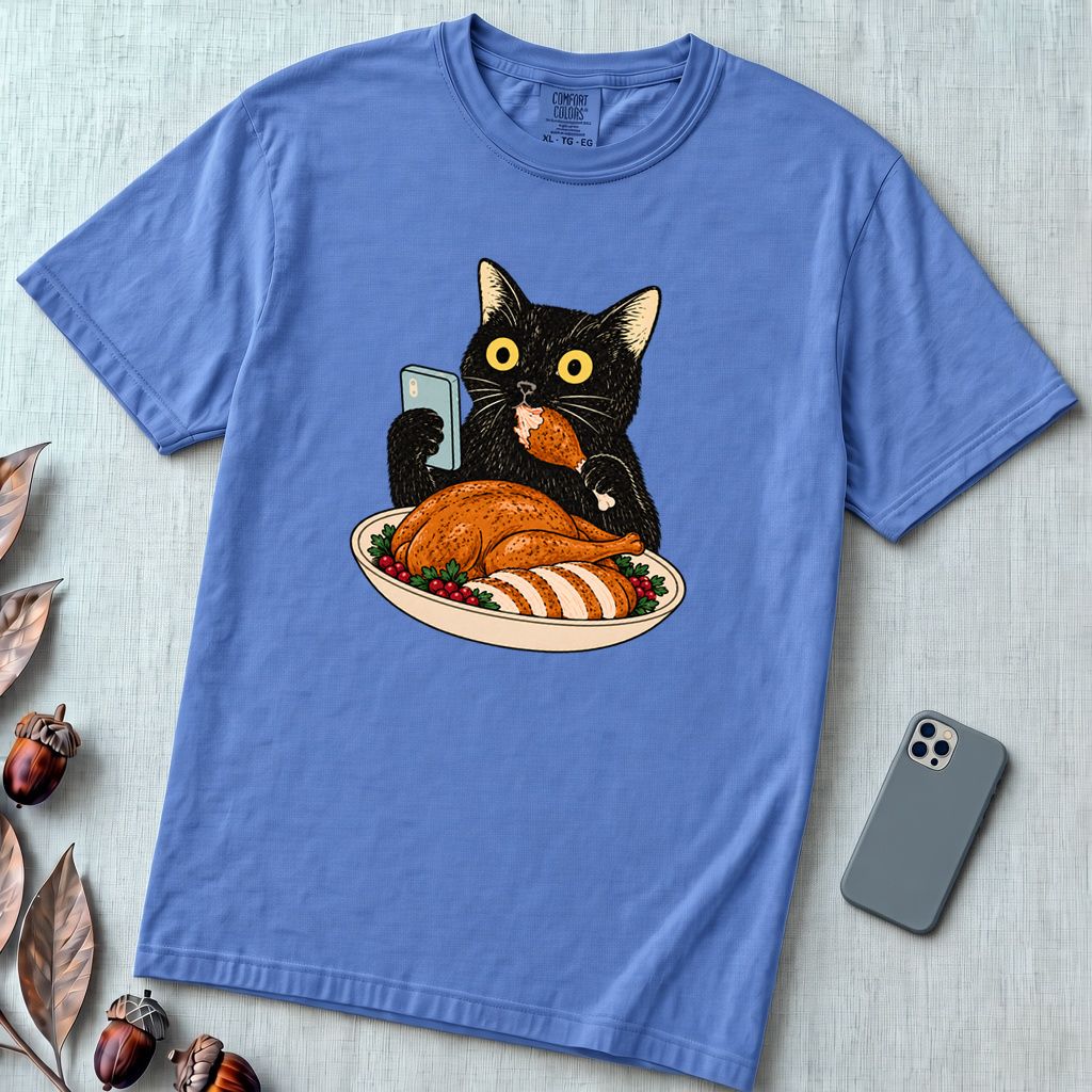 Thanksgiving Turkey Thief Cat T-Shirt - Mystic Blue unfolded t-shirt mockup