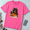 Thanksgiving Turkey Thief Cat T-Shirt - Neon Pink unfolded t-shirt mockup