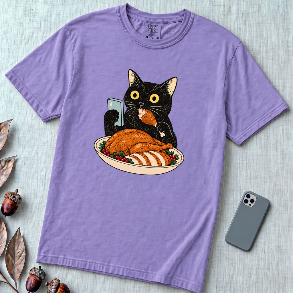 Thanksgiving Turkey Thief Cat T-Shirt - Violet unfolded t-shirt mockup