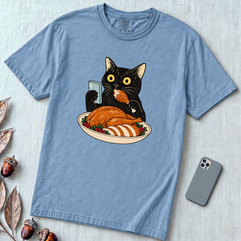 Thanksgiving Turkey Thief Cat T-Shirt - Washed Denim unfolded t-shirt mockup
