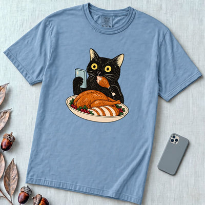 Thanksgiving Turkey Thief Cat T-Shirt - Washed Denim unfolded t-shirt mockup