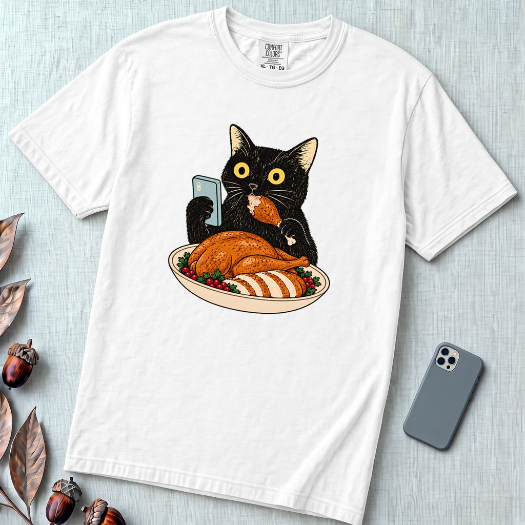 Thanksgiving Turkey Thief Cat T-Shirt - White unfolded t-shirt mockup