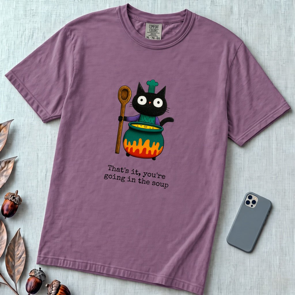 That’s it, you’re going in the soup, Witchy Cat Cauldron T-shirt - Berry unfolded t-shirt mockup