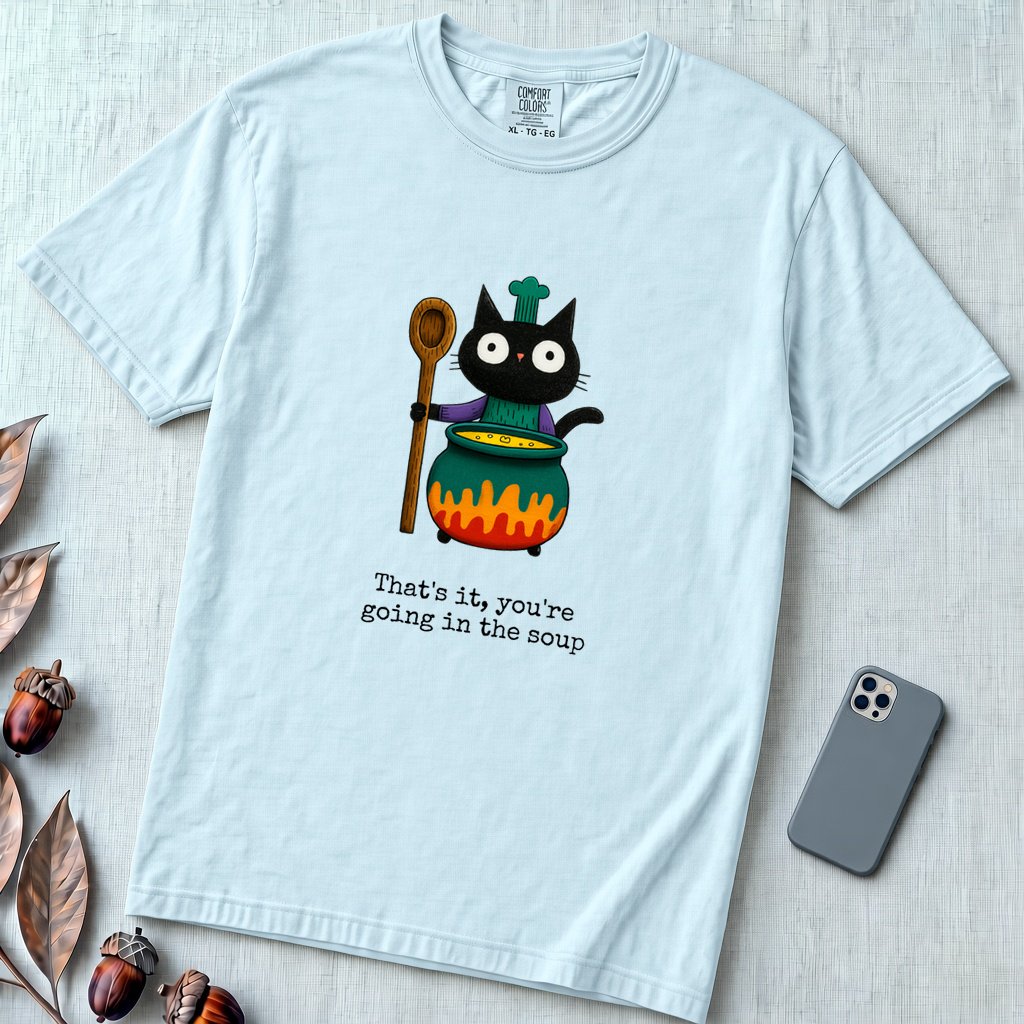 That’s it, you’re going in the soup, Witchy Cat Cauldron T-shirt - Chambray unfolded t-shirt mockup