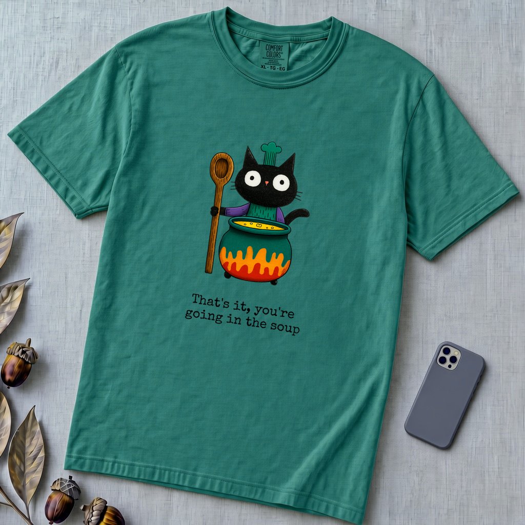 That’s it, you’re going in the soup, Witchy Cat Cauldron T-shirt - Emerald unfolded t-shirt mockup