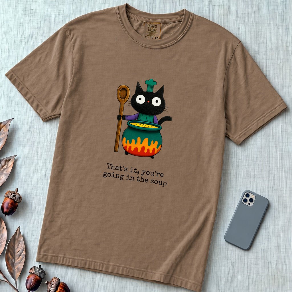 That’s it, you’re going in the soup, Witchy Cat Cauldron T-shirt - Espresso unfolded t-shirt mockup
