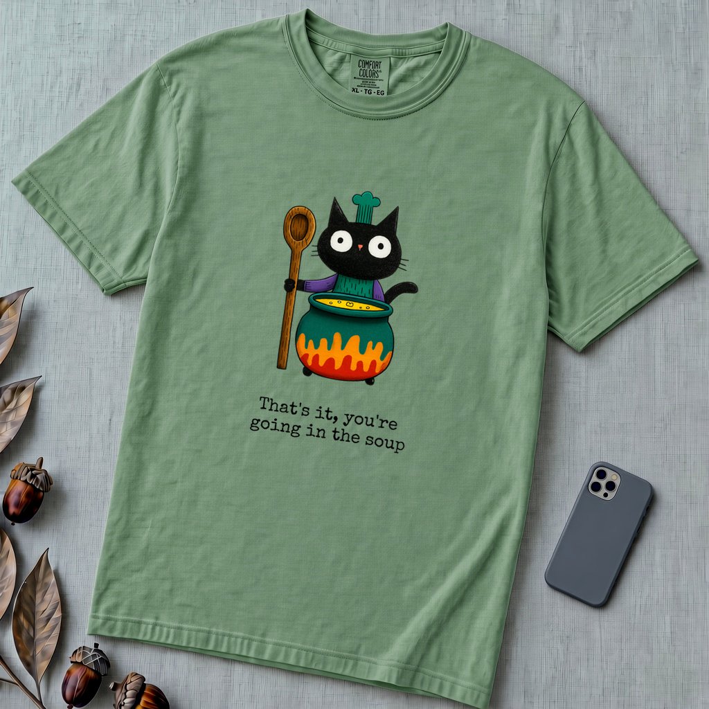 That’s it, you’re going in the soup, Witchy Cat Cauldron T-shirt - Light Green unfolded t-shirt mockup