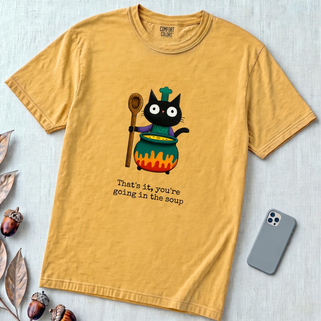That’s it, you’re going in the soup, Witchy Cat Cauldron T-shirt - Mustard unfolded t-shirt mockup