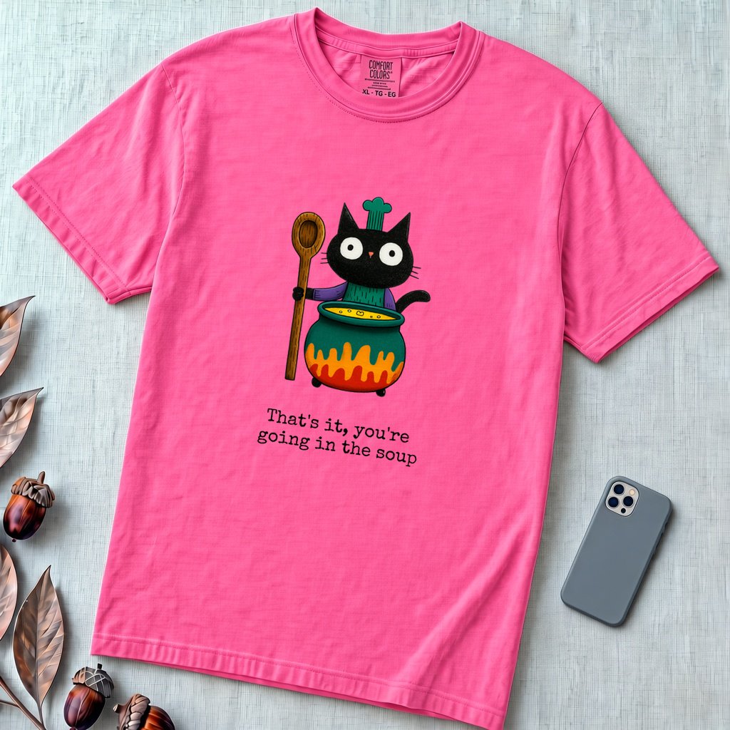 That’s it, you’re going in the soup, Witchy Cat Cauldron T-shirt - Neon Pink unfolded t-shirt mockup