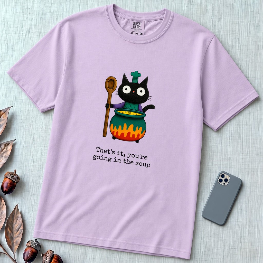 That’s it, you’re going in the soup, Witchy Cat Cauldron T-shirt - Orchid unfolded t-shirt mockup