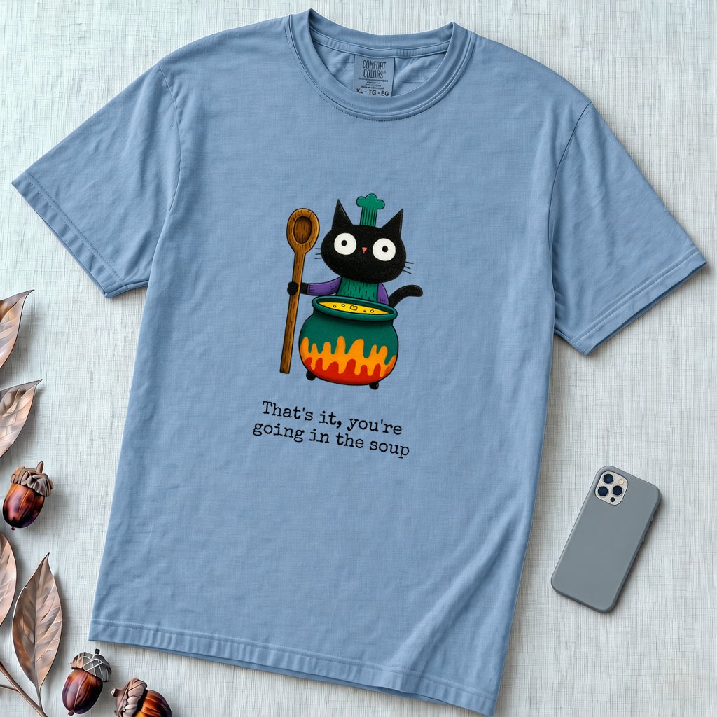 That’s it, you’re going in the soup, Witchy Cat Cauldron T-shirt - Washed Denim unfolded t-shirt mockup
