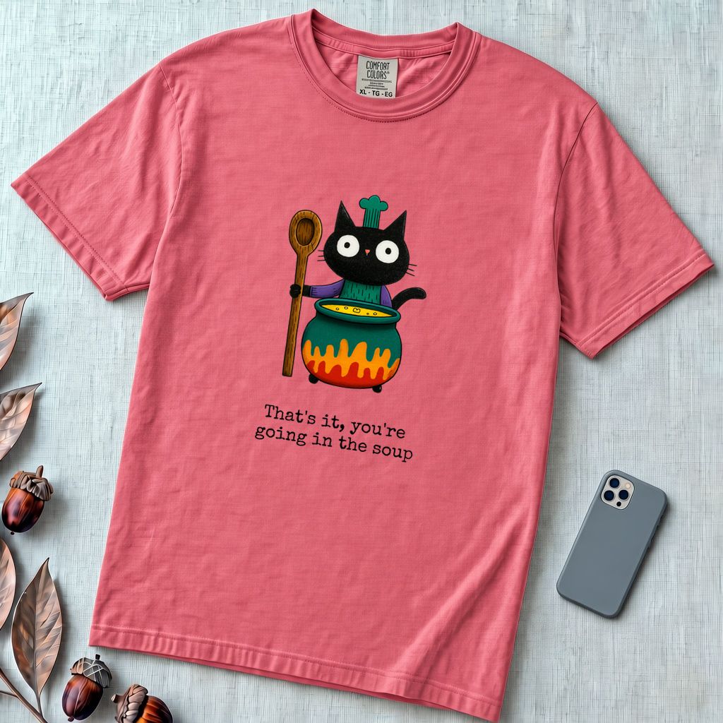 That’s it, you’re going in the soup, Witchy Cat Cauldron T-shirt - Watermelon unfolded t-shirt mockup