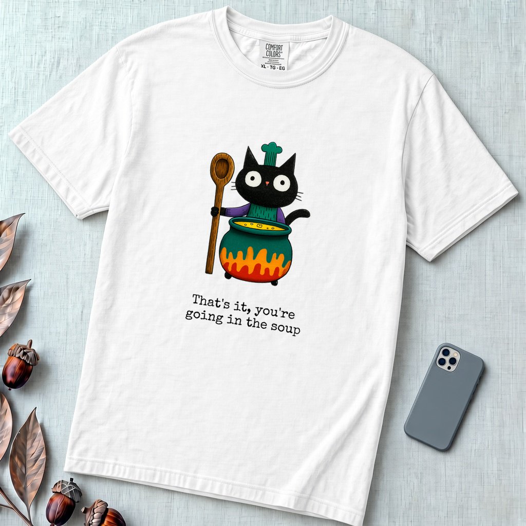That’s it, you’re going in the soup, Witchy Cat Cauldron T-shirt - White unfolded t-shirt mockup