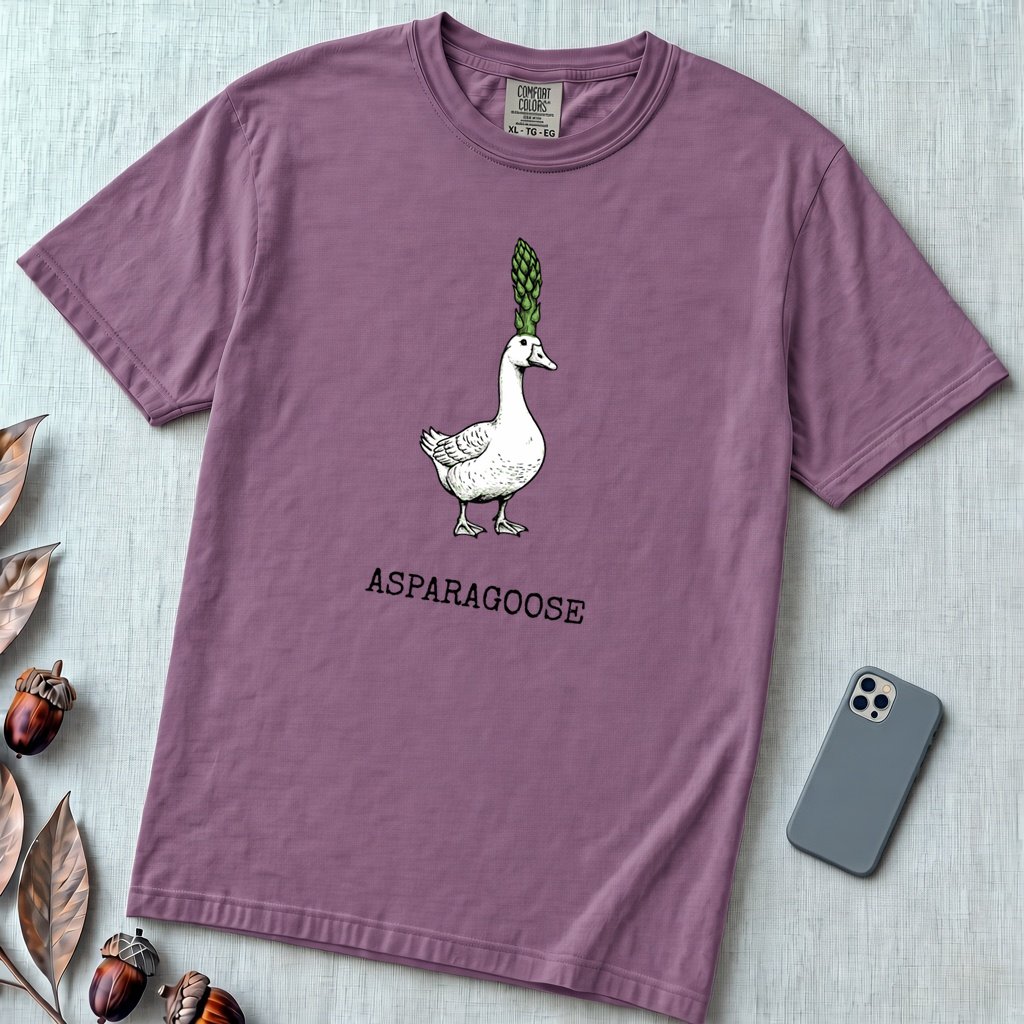"The Asparagoose"  Hybrid Botanical Graphic t-shirt - Berry unfolded t-shirt mockup
