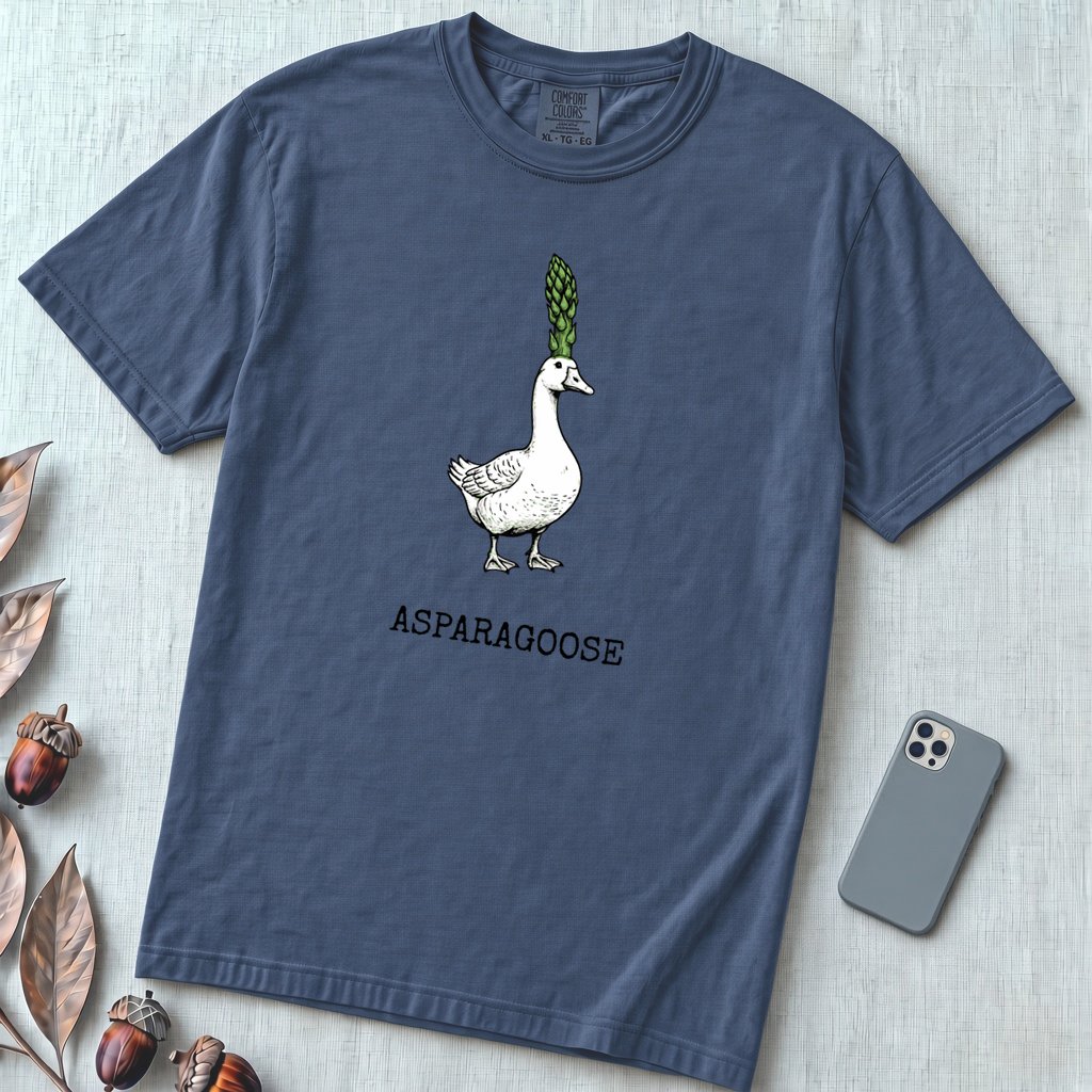 "The Asparagoose"  Hybrid Botanical Graphic t-shirt - Denim unfolded t-shirt mockup