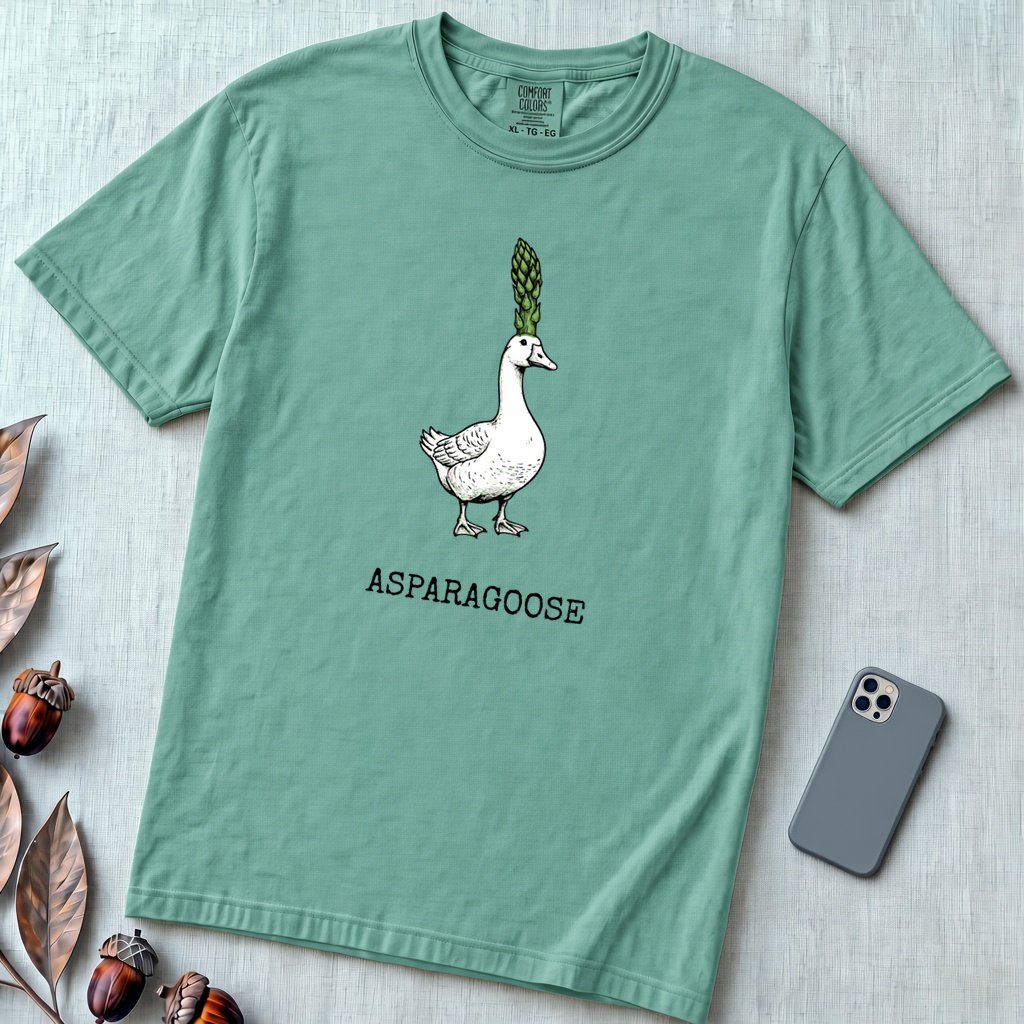 "The Asparagoose"  Hybrid Botanical Graphic t-shirt - Seafoam unfolded t-shirt mockup
