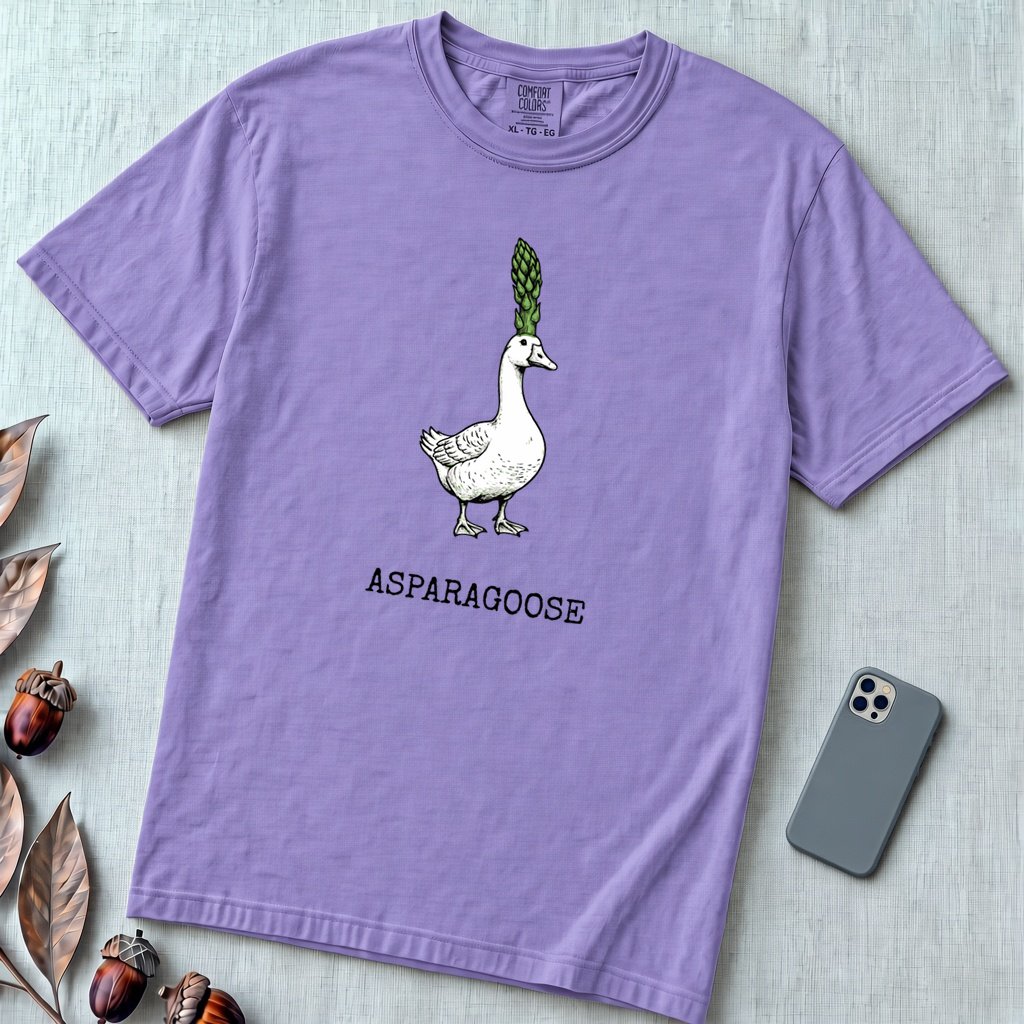 "The Asparagoose"  Hybrid Botanical Graphic t-shirt - Violet unfolded t-shirt mockup