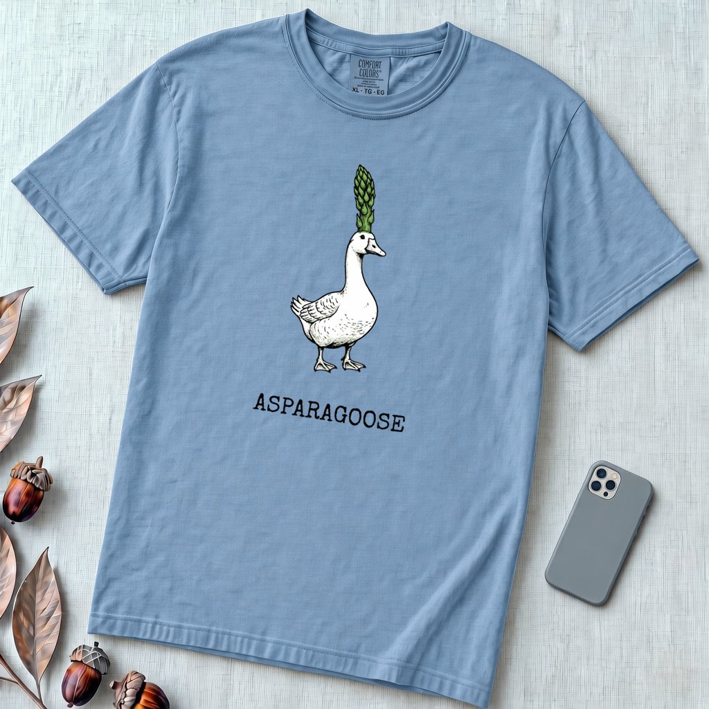 "The Asparagoose"  Hybrid Botanical Graphic t-shirt - Washed Denim unfolded t-shirt mockup
