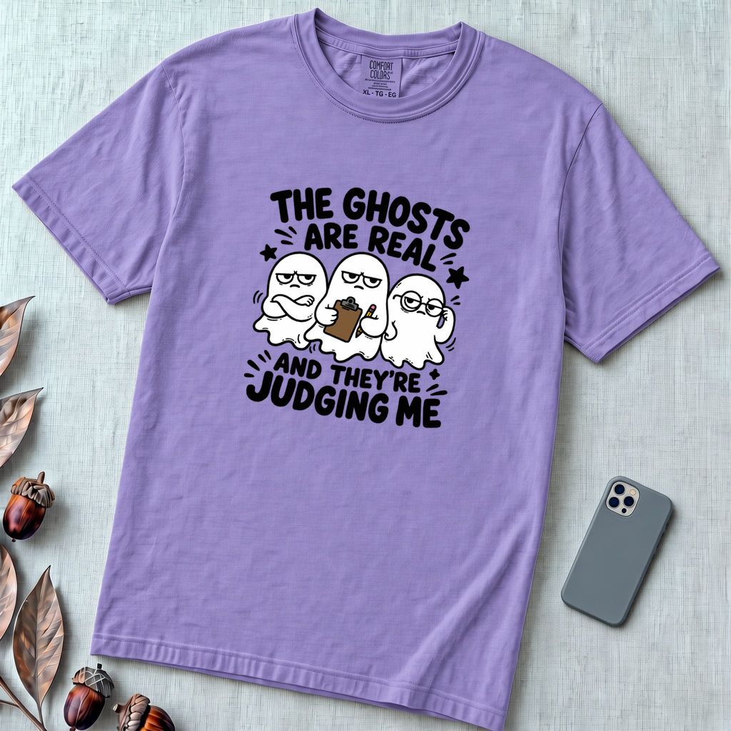 The Ghosts Are Real And They’re Judging Me T-Shirt - Violet unfolded t-shirt mockup