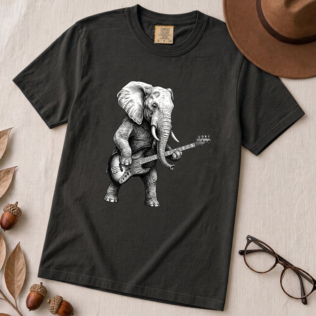 "The Heavy Rhythm" Elephant Bassist Graphic T-shirt - Black unfolded t-shirt mockup