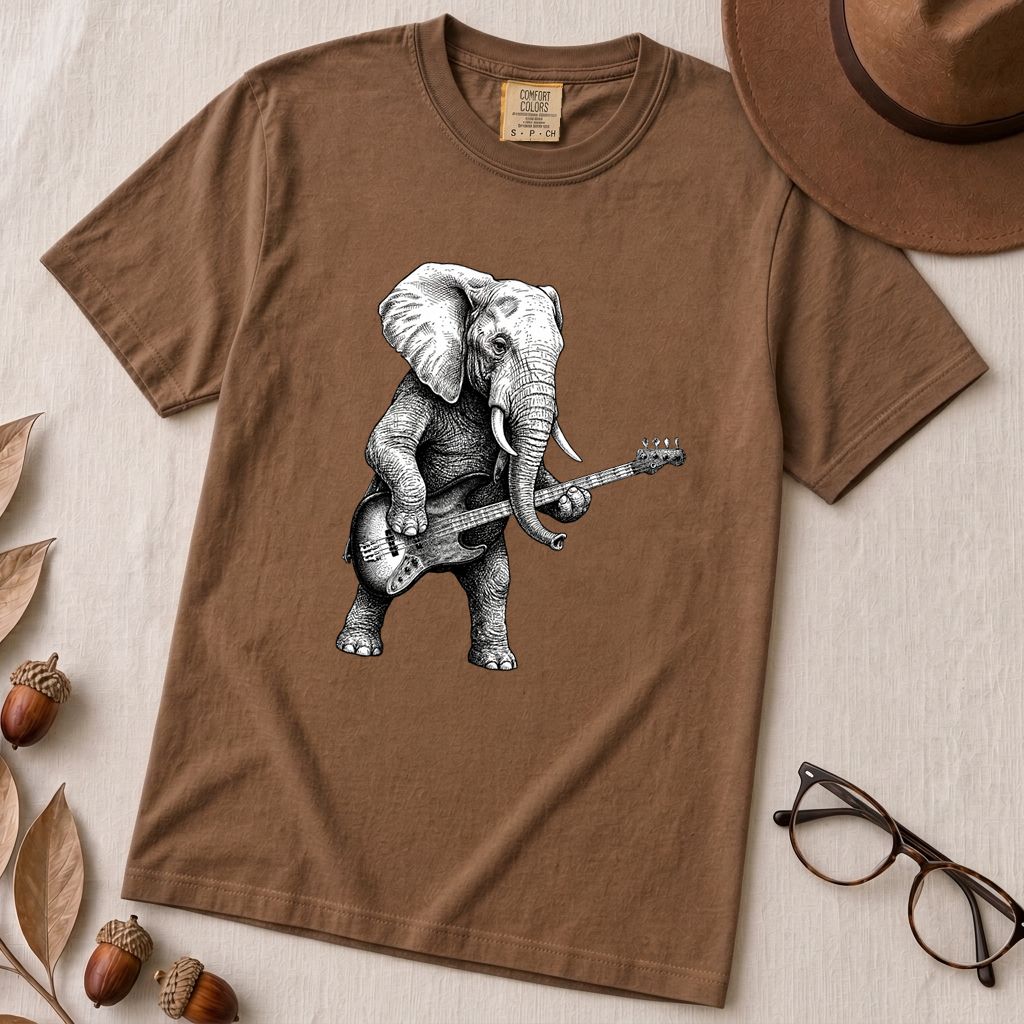 "The Heavy Rhythm" Elephant Bassist Graphic T-shirt - Espresso unfolded t-shirt mockup