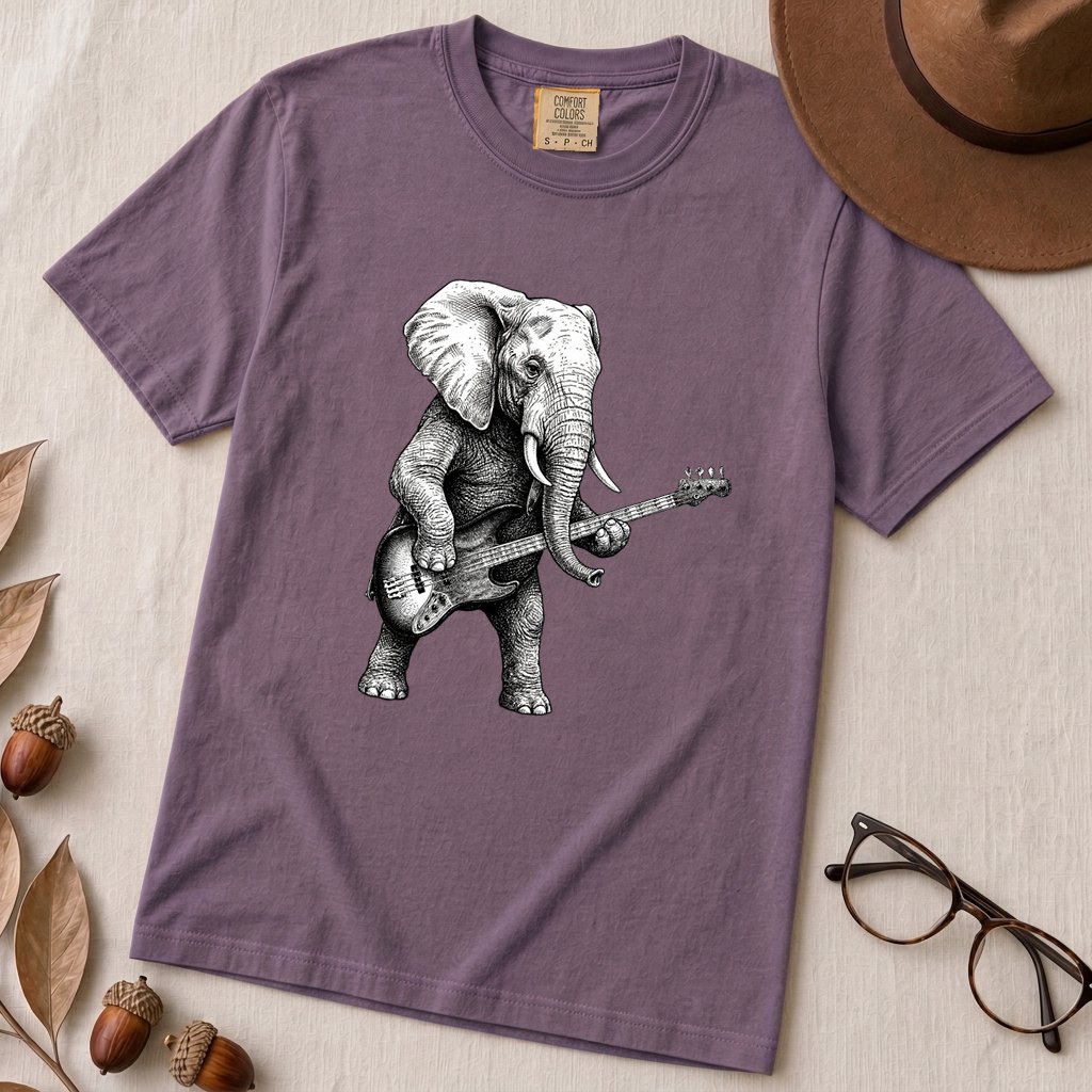 "The Heavy Rhythm" Elephant Bassist Graphic T-shirt - Grape unfolded t-shirt mockup