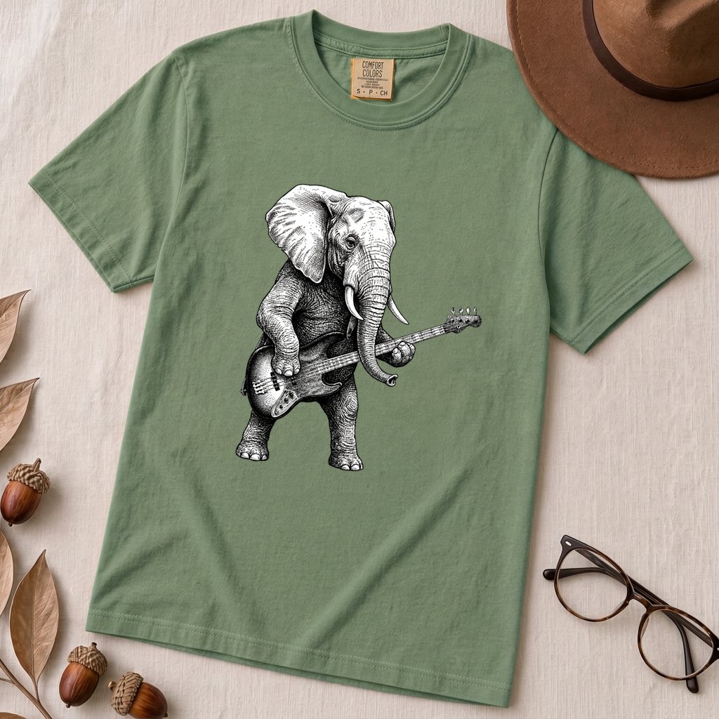 "The Heavy Rhythm" Elephant Bassist Graphic T-shirt - Light Green unfolded t-shirt mockup
