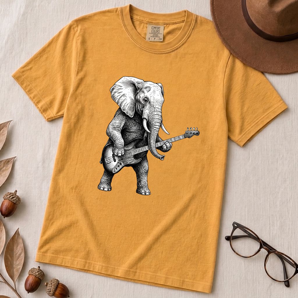 "The Heavy Rhythm" Elephant Bassist Graphic T-shirt - Mustard unfolded t-shirt mockup