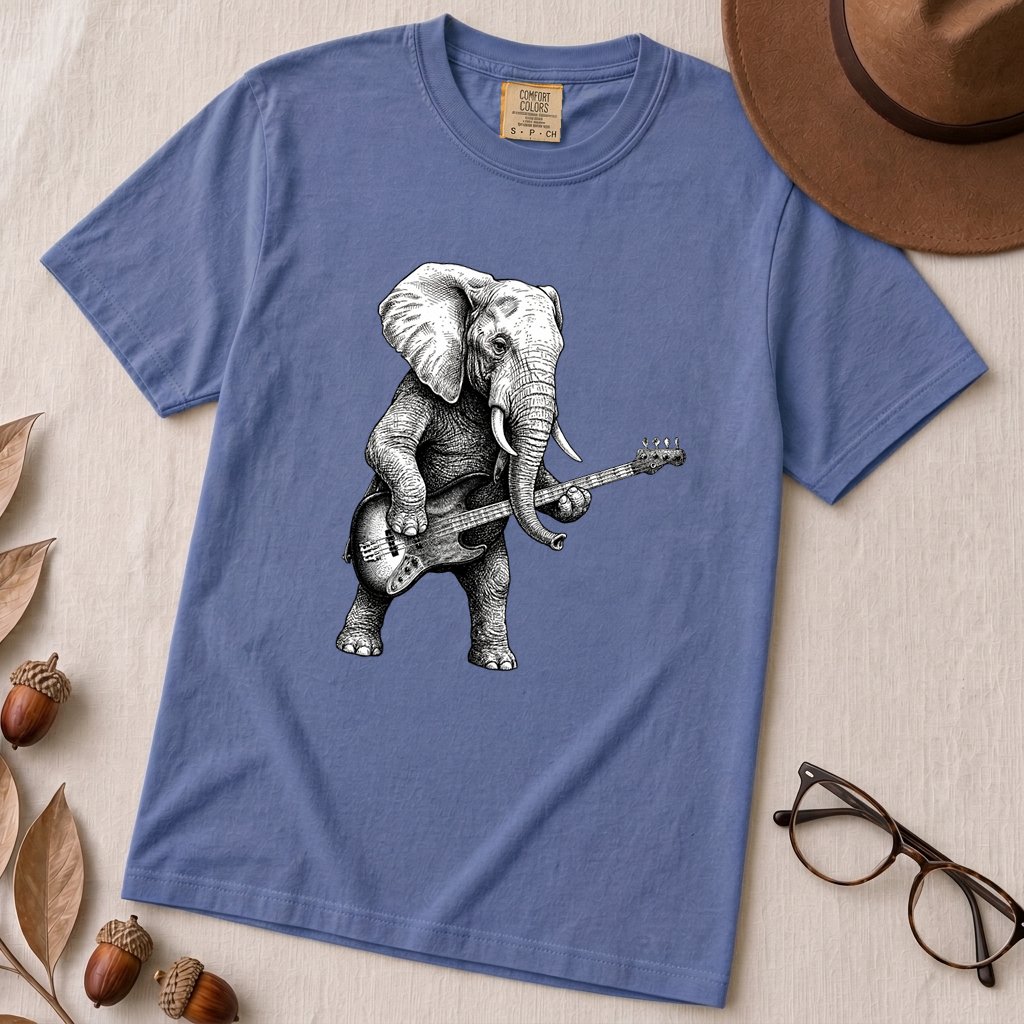 "The Heavy Rhythm" Elephant Bassist Graphic T-shirt - Mystic Blue unfolded t-shirt mockup