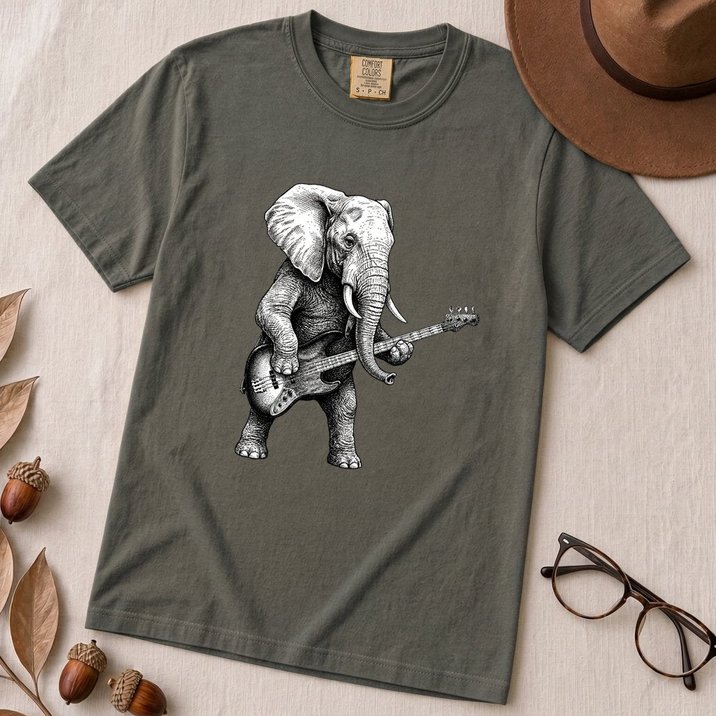 "The Heavy Rhythm" Elephant Bassist Graphic T-shirt - Pepper unfolded t-shirt mockup