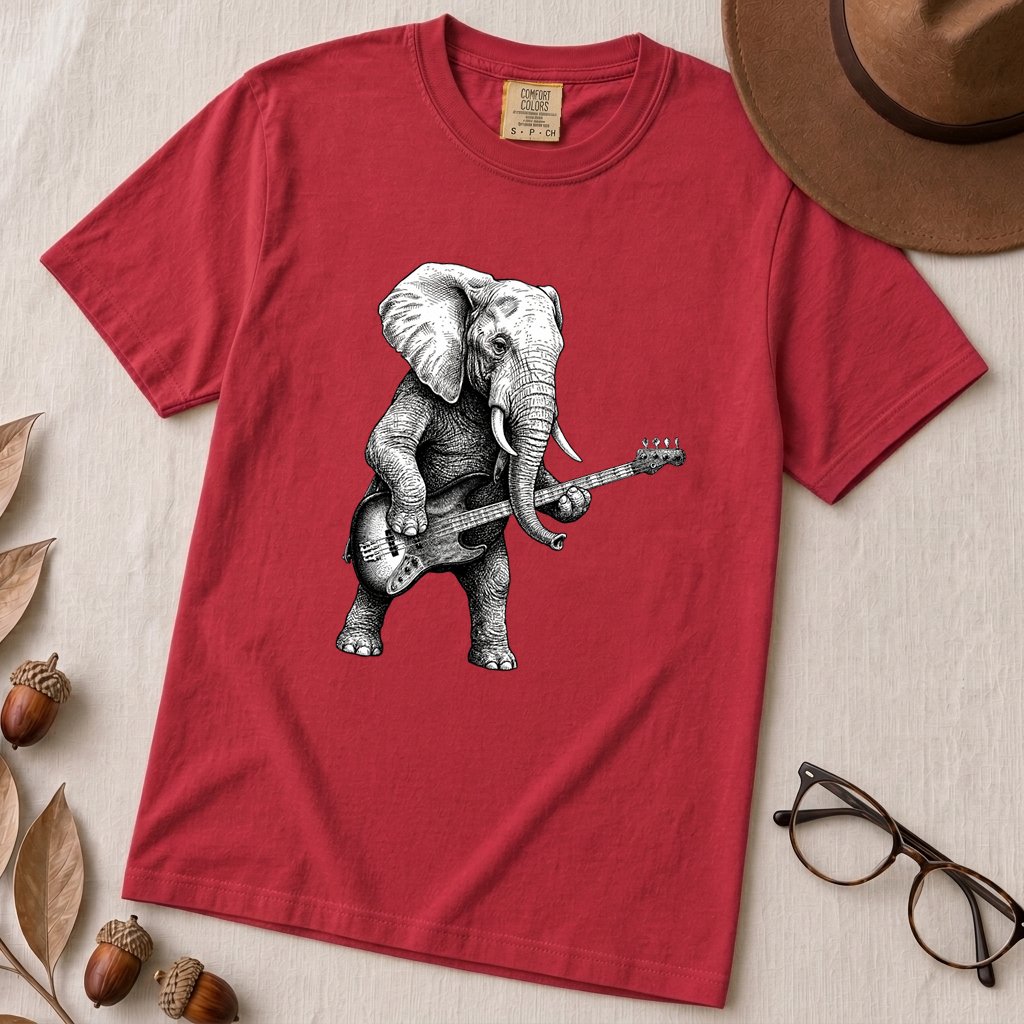 "The Heavy Rhythm" Elephant Bassist Graphic T-shirt - Red unfolded t-shirt mockup