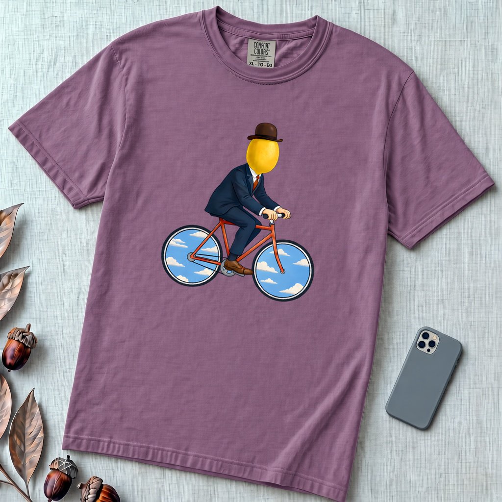 The Surreal Commute, Rene Magritte-Inspired Cycling T-shirt - Berry unfolded t-shirt mockup