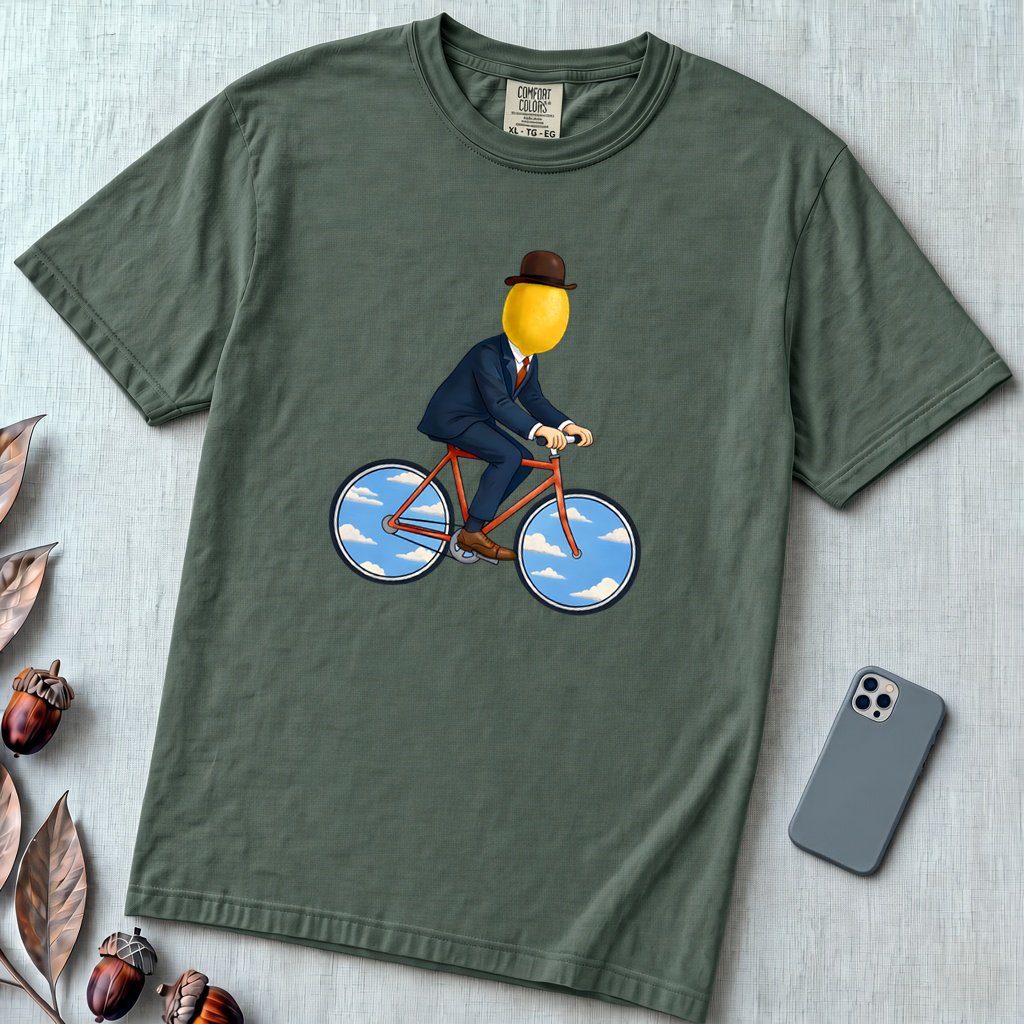 The Surreal Commute, Rene Magritte-Inspired Cycling T-shirt - Blue Spruce unfolded t-shirt mockup