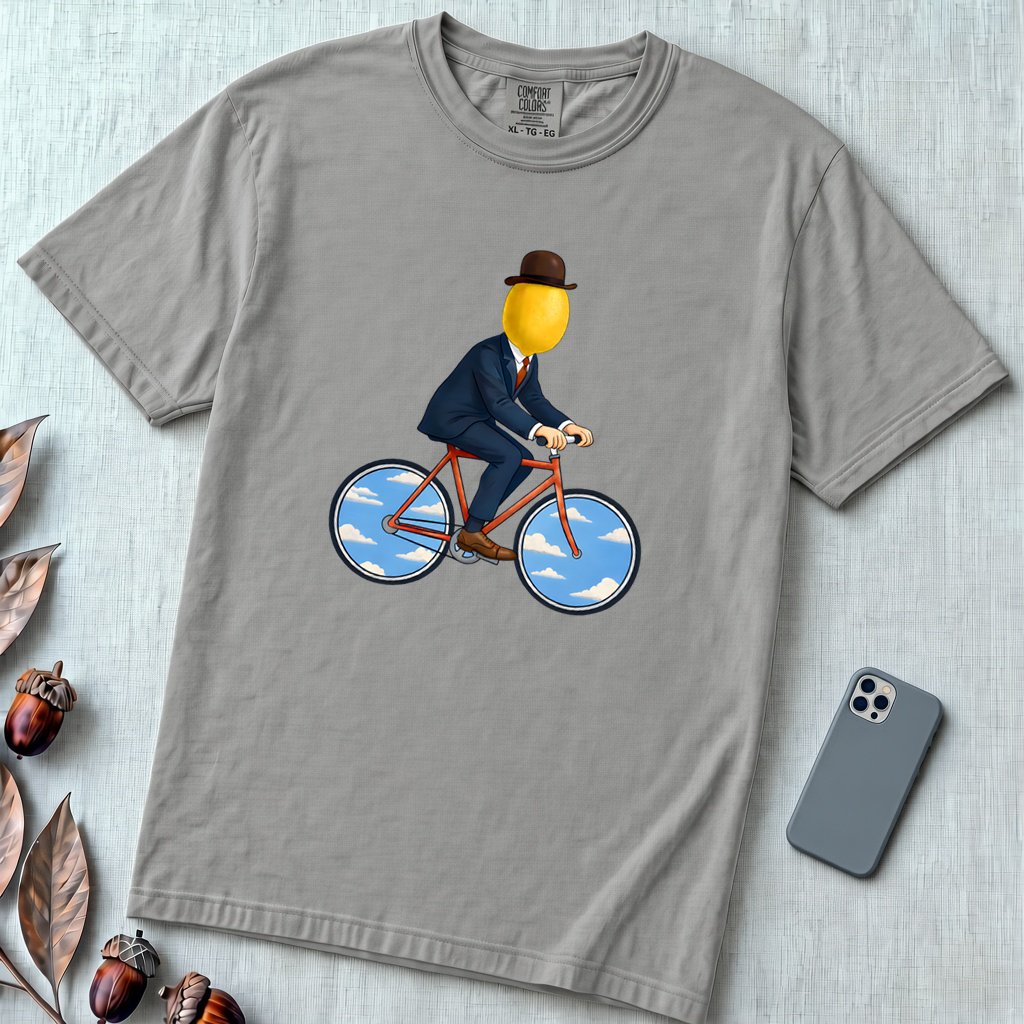 The Surreal Commute, Rene Magritte-Inspired Cycling T-shirt - Grey unfolded t-shirt mockup