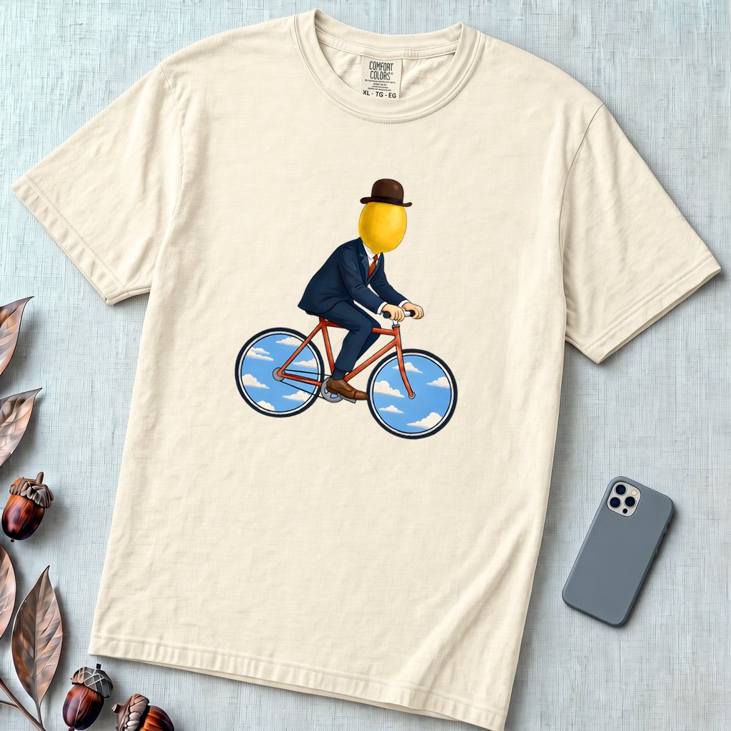 The Surreal Commute, Rene Magritte-Inspired Cycling T-shirt - Ivory unfolded t-shirt mockup