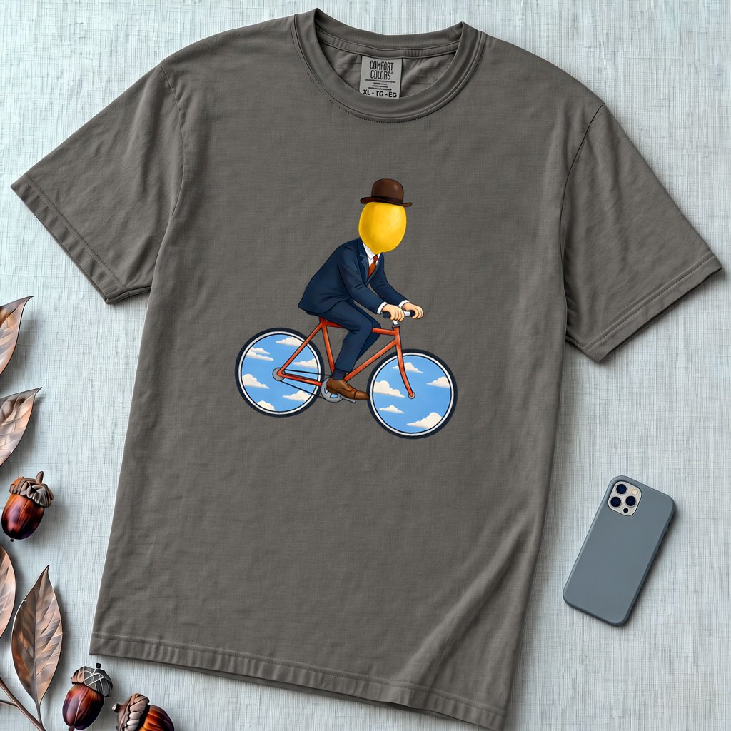 The Surreal Commute, Rene Magritte-Inspired Cycling T-shirt - Pepper unfolded t-shirt mockup