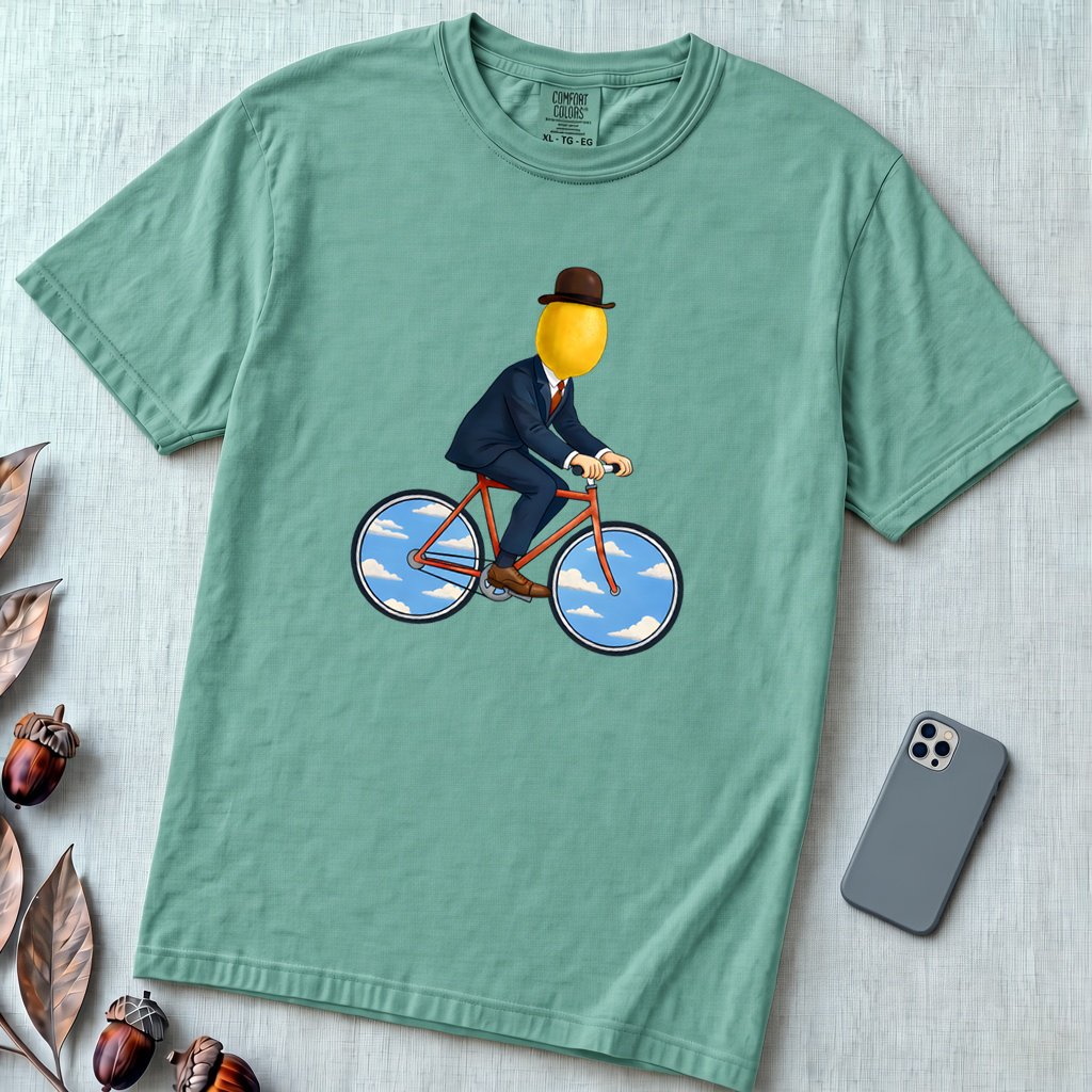 The Surreal Commute, Rene Magritte-Inspired Cycling T-shirt - Seafoam unfolded t-shirt mockup