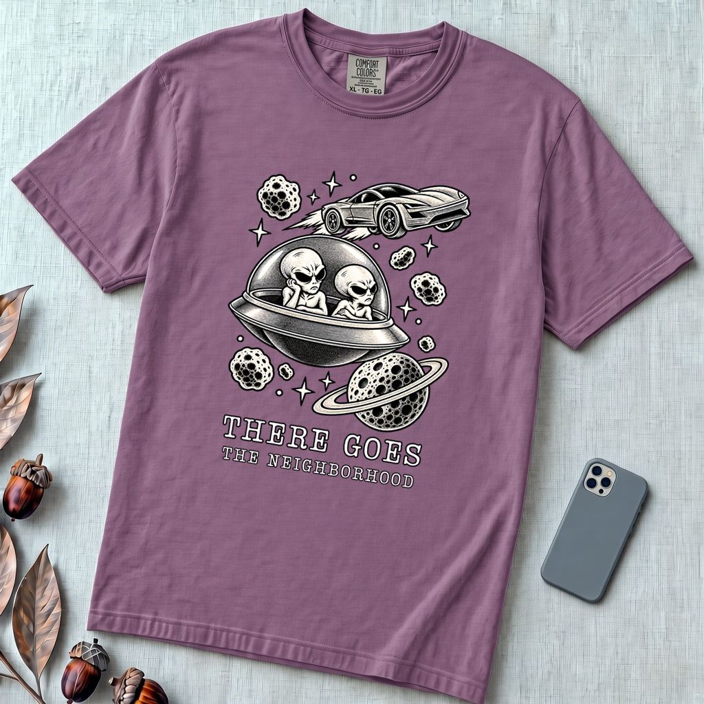 There Goes The Neighborhood Alien UFO T-Shirt - Berry unfolded t-shirt mockup