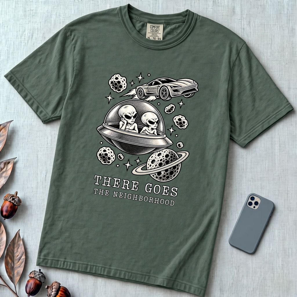 There Goes The Neighborhood Alien UFO T-Shirt - Blue Spruce unfolded t-shirt mockup