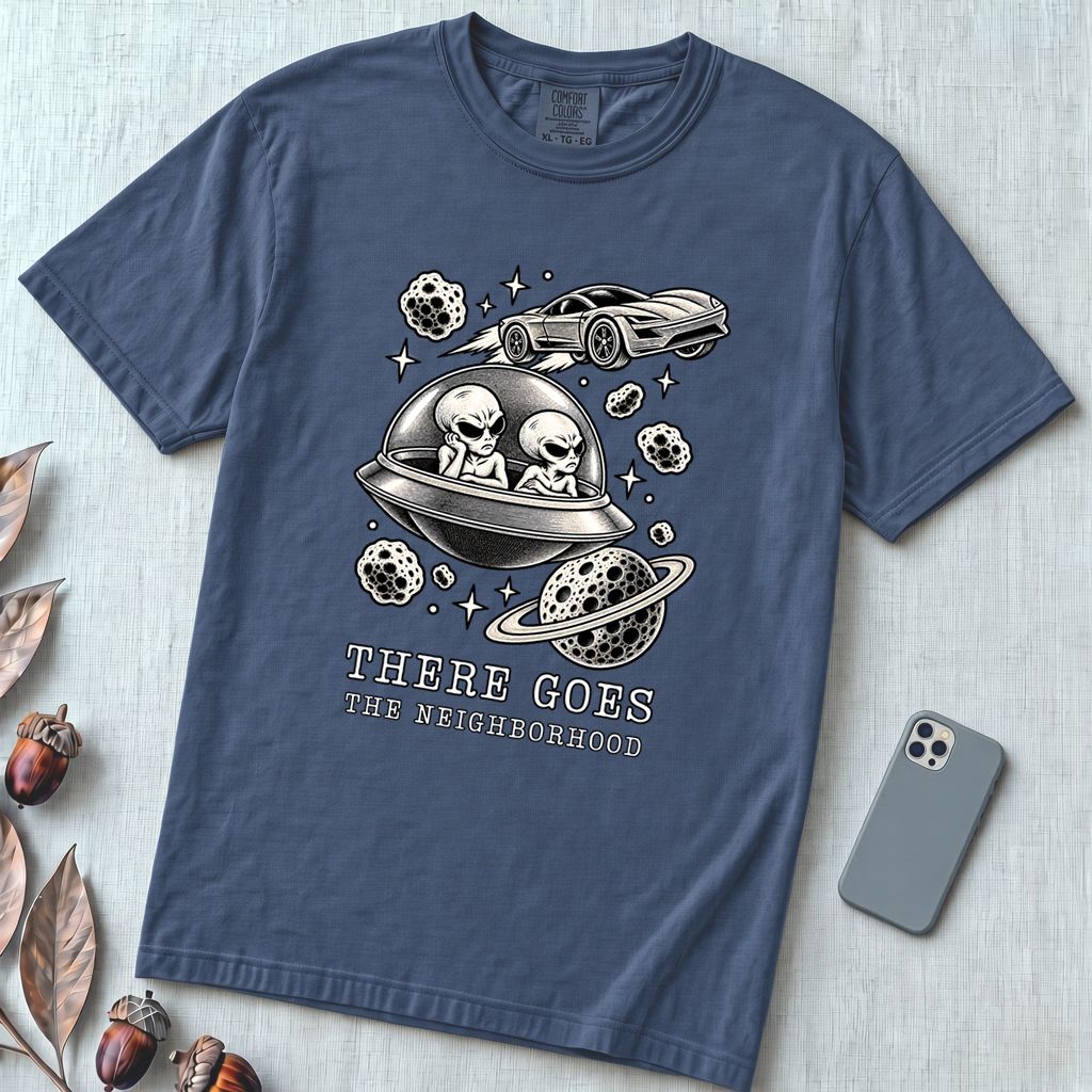 There Goes The Neighborhood Alien UFO T-Shirt - Denim unfolded t-shirt mockup