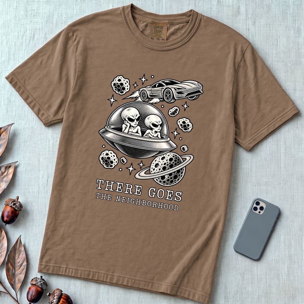 There Goes The Neighborhood Alien UFO T-Shirt - Espresso unfolded t-shirt mockup