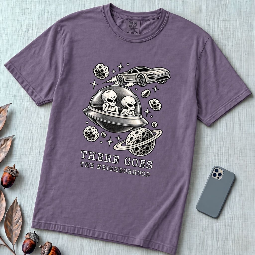 There Goes The Neighborhood Alien UFO T-Shirt - Grape unfolded t-shirt mockup