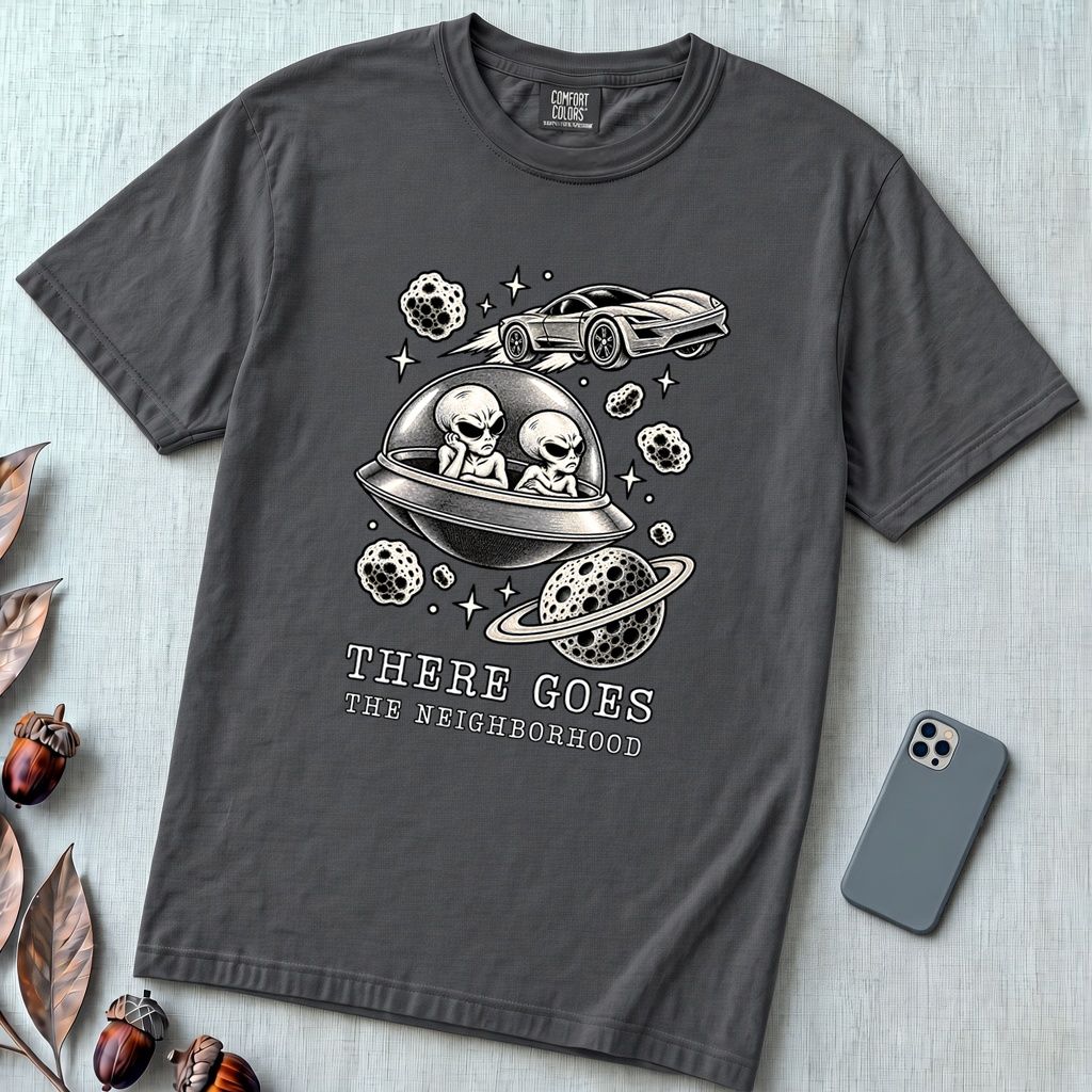 There Goes The Neighborhood Alien UFO T-Shirt - Graphite unfolded t-shirt mockup