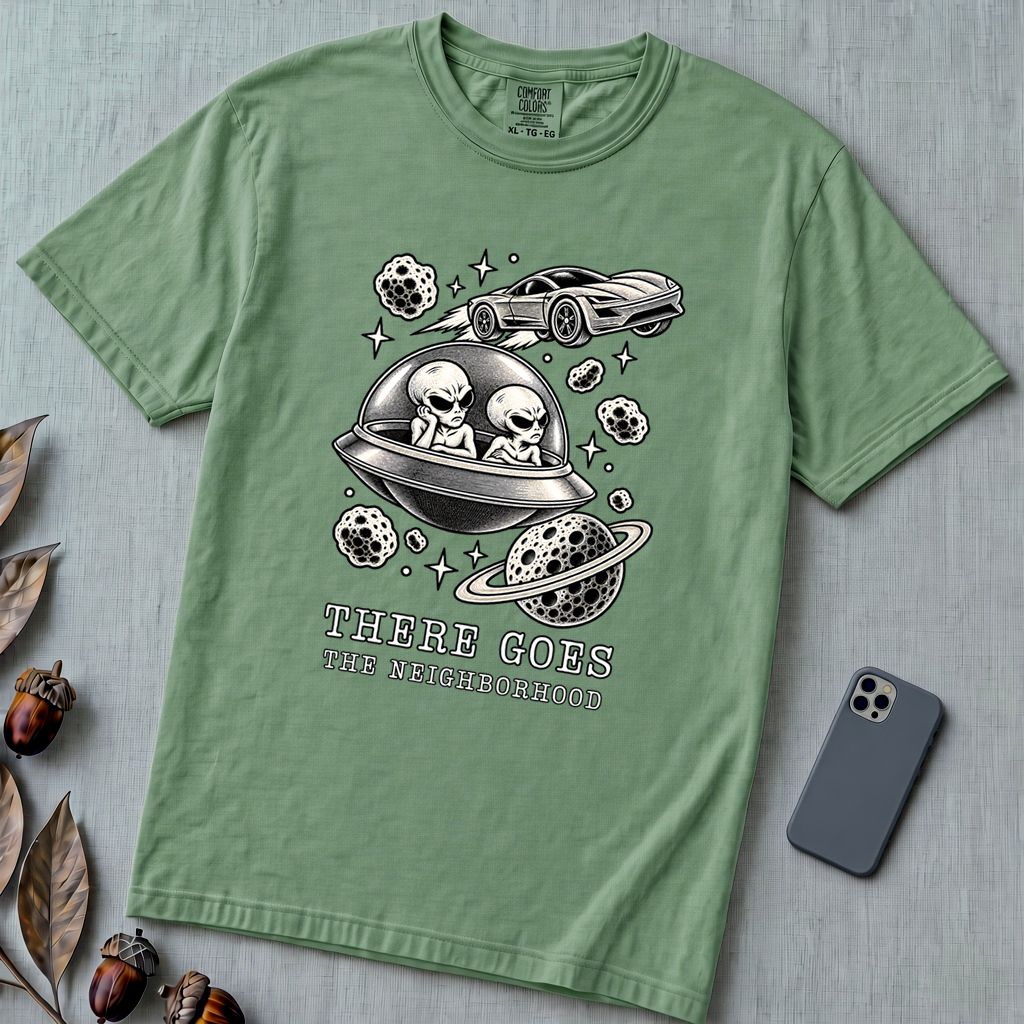 There Goes The Neighborhood Alien UFO T-Shirt - Light Green unfolded t-shirt mockup