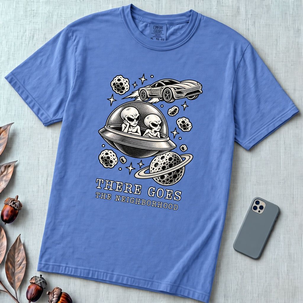 There Goes The Neighborhood Alien UFO T-Shirt - Mystic Blue unfolded t-shirt mockup