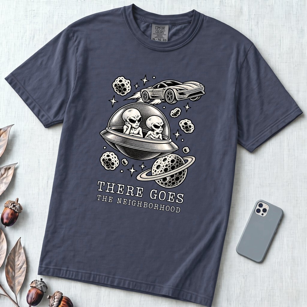 There Goes The Neighborhood Alien UFO T-Shirt - Navy unfolded t-shirt mockup