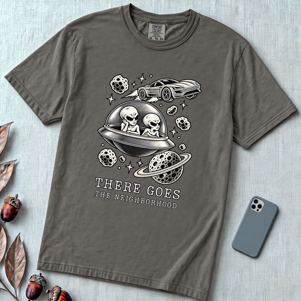 There Goes The Neighborhood Alien UFO T-Shirt - Pepper unfolded t-shirt mockup