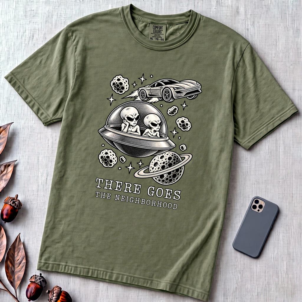 There Goes The Neighborhood Alien UFO T-Shirt - Sage unfolded t-shirt mockup